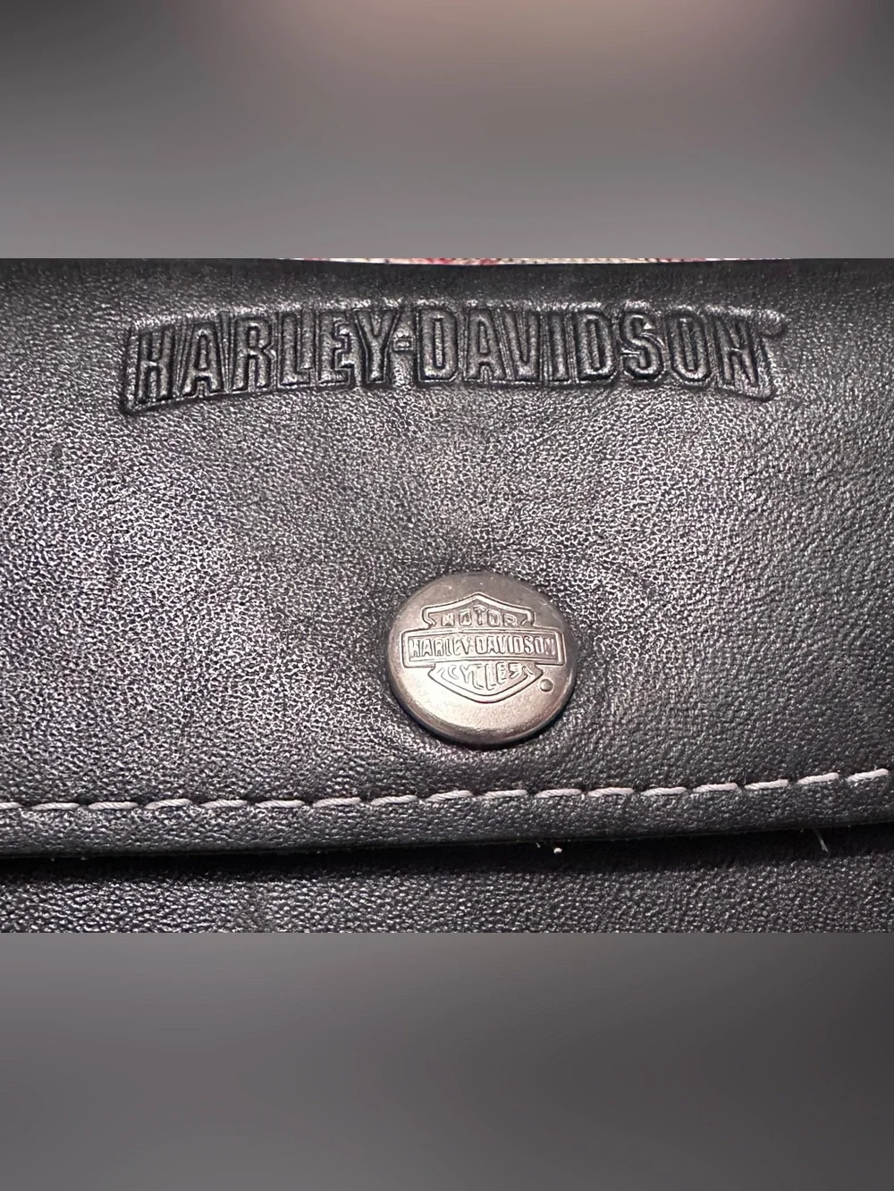 Harley-Davidson Black Leather Tri-Fold Wallet with Metal Logo Snap